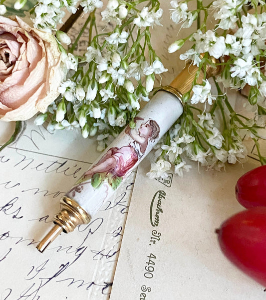 Antique Telescopic Pencil with Enamel Painted Figure in Grape Vines Propelling Pencil