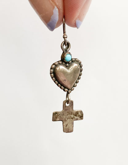 Vintage Silver heart & cross dangle earrings with Turquoise