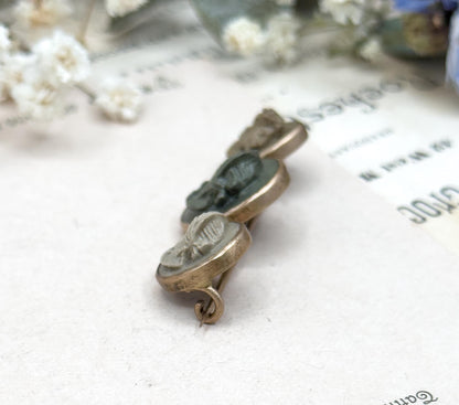 Antique Lava Cameo Brooch with Three Cameos Bezel Set Bar Brooch Grand Tour Souvenir