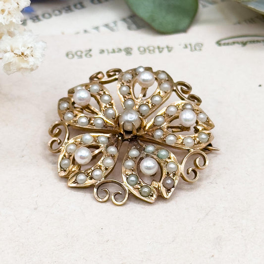 Edwardian 10K Yellow Gold Snowflake Brooch: Antique Seed Pearl Pin