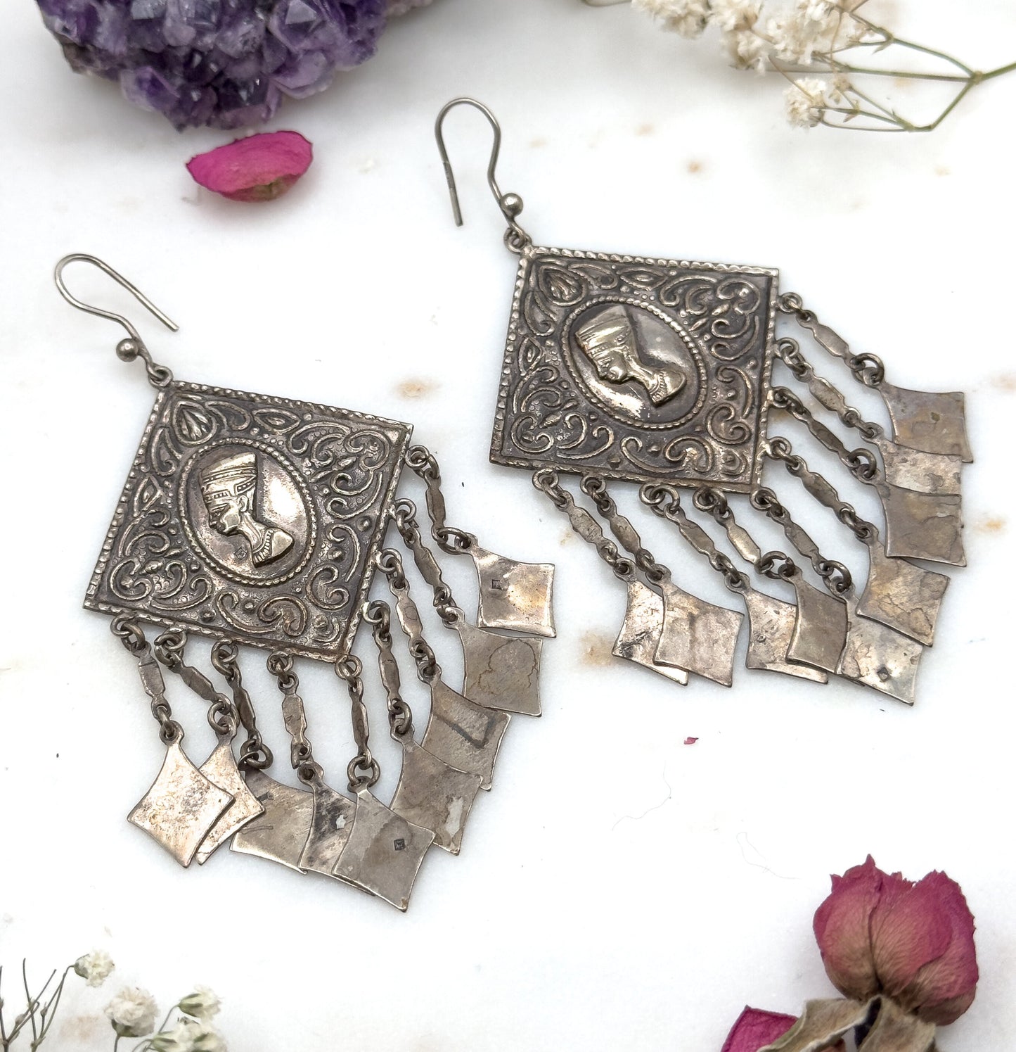 HUGE Vintage Egyptian revival earrings, Silver egyptian revival Nefertiti earrings 1970s