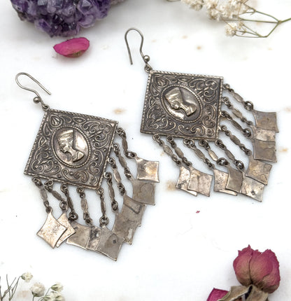HUGE Vintage Egyptian revival earrings, Silver egyptian revival Nefertiti earrings 1970s