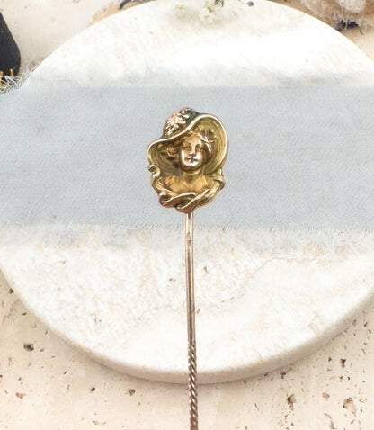 Art Nouveau Stick Pin Lady in Hat Edwardian Gibson Girl Pin