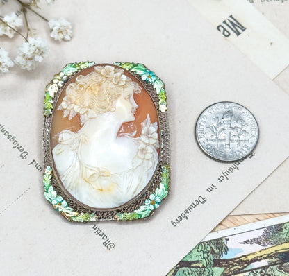 Edwardian Carved Cameo Flora in White Gold w Enamel Details