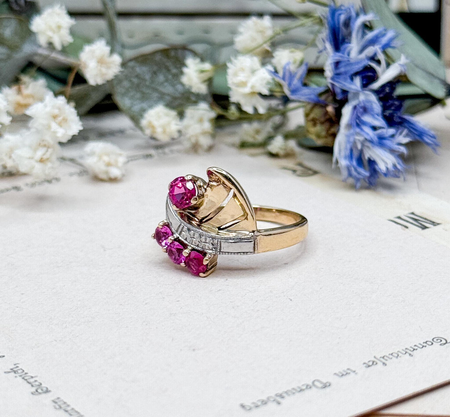 Retro Ruby Ring in 10K Yellow Gold and White Gold Two Tone Vintage 1940s Retro Era Jewelry Volute Ring synthetic Ruby Ring Pink Gemstone fun