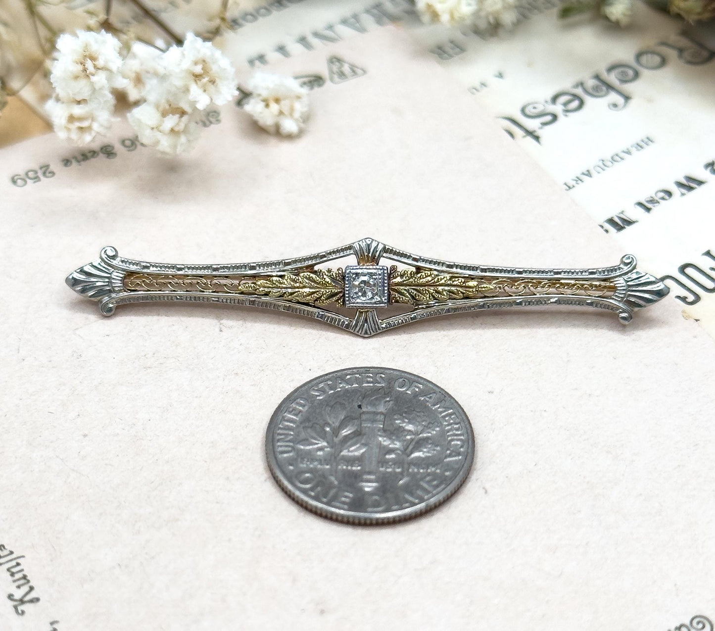 Antique Filigree Bar Pin in 10K Two Tone Yellow Gold  White Gold Floral Leaf design