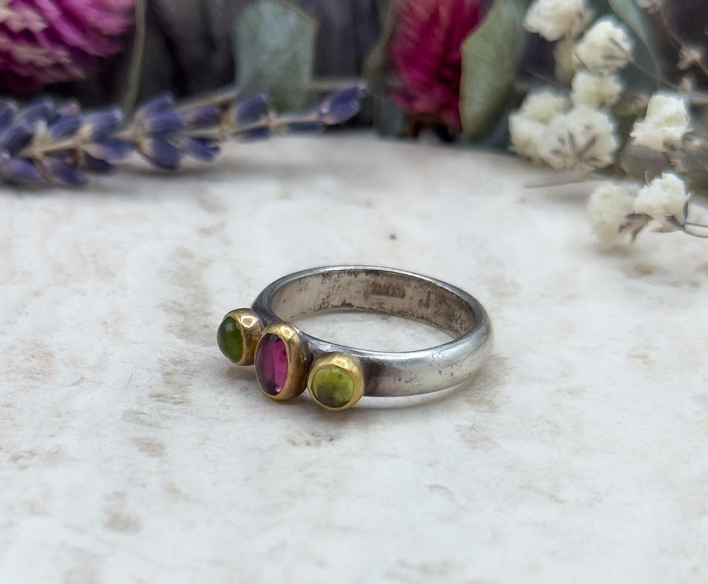 Handmade Three-Stone Peridot Garnet Ring Sterling Silver 22K Gold