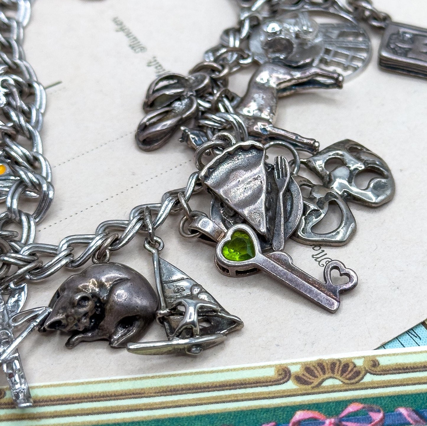 Vintage Charm Bracelet with Sterling Silver Charms Fully loaded charm bracelet 22 charms c