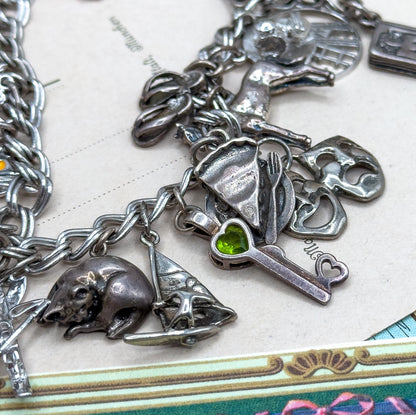 Vintage Charm Bracelet with Sterling Silver Charms Fully loaded charm bracelet 22 charms c