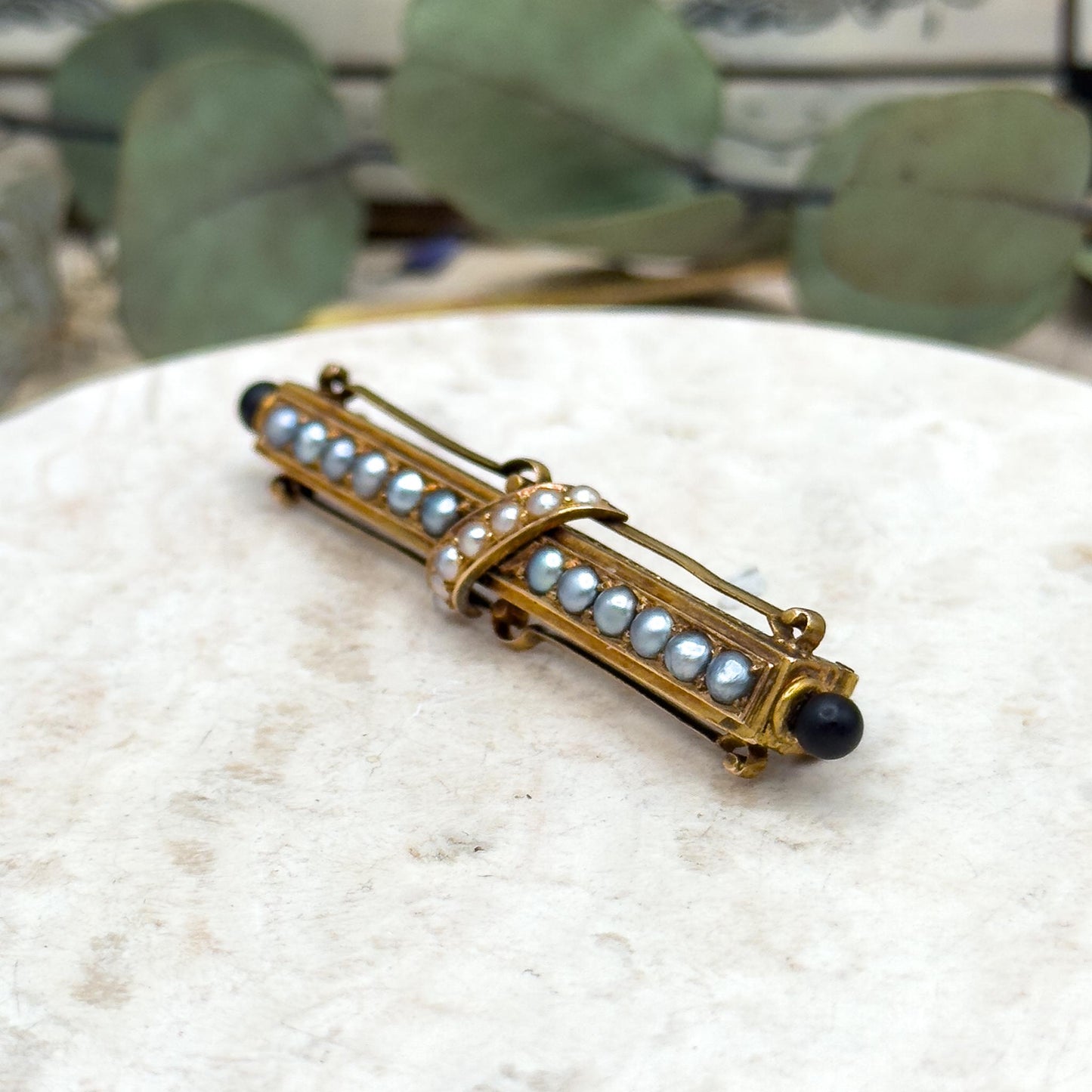 Victorian 14K Gold Bar Brooch: Seed Pearls & Black Enamel
