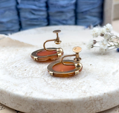 Boxed Antique Shell Cameo Earrings 10K Gold w Screw Backs