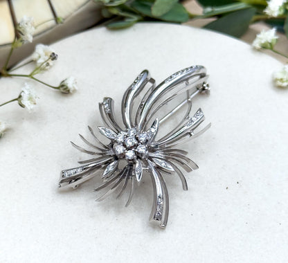 Vintage Diamond Brooch in 18K White Gold Mid Century Brooch Starburst