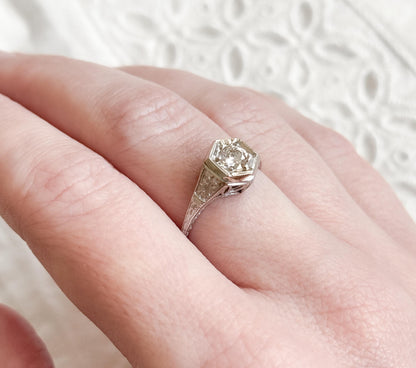 Art Deco Platinum Diamond Ring Filigree Hexagon Setting 1920s Engagement Ring Half Carat Round Brilliant Size 6.75 Vintage Bridal