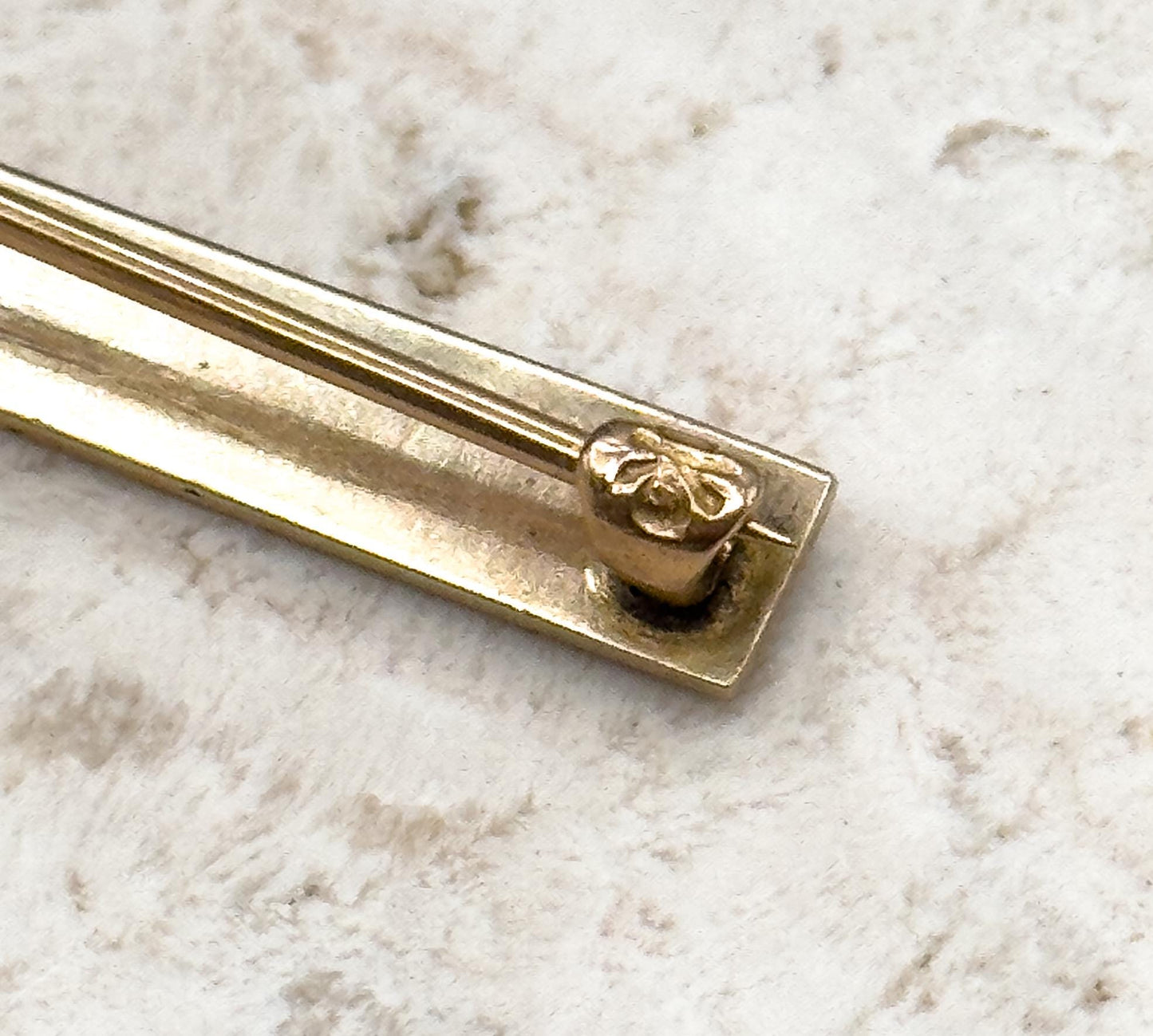 Antique Enamel Bar Brooch in 10K Yellow Gold with Seed Pearls Greek Key