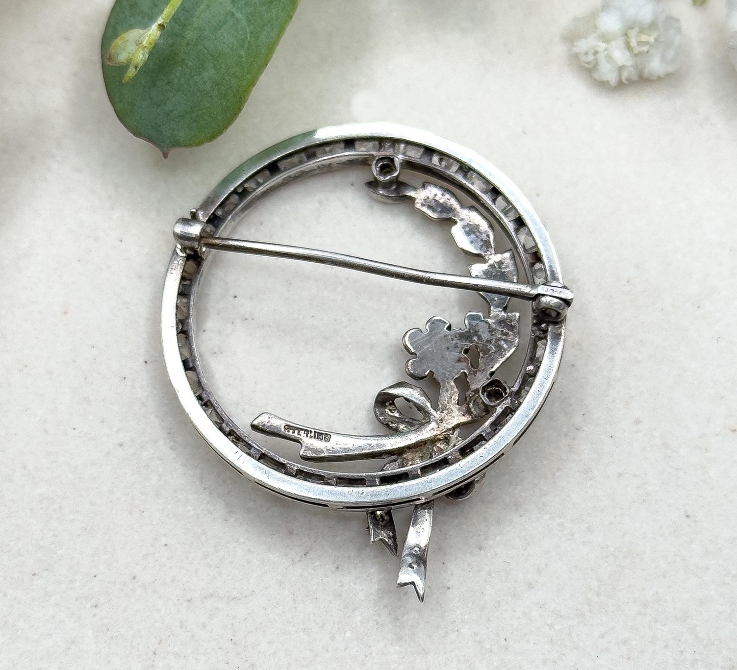 Antique Art Deco Floral Circle Brooch with Bow in Sterling Silver Antique Paste Wreath Brooch