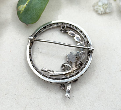 Antique Art Deco Floral Circle Brooch with Bow in Sterling Silver Antique Paste Wreath Brooch
