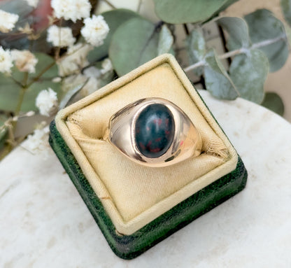 Vintage Bloodstone Cabochon Signet Ring in 10K Yellow Gold