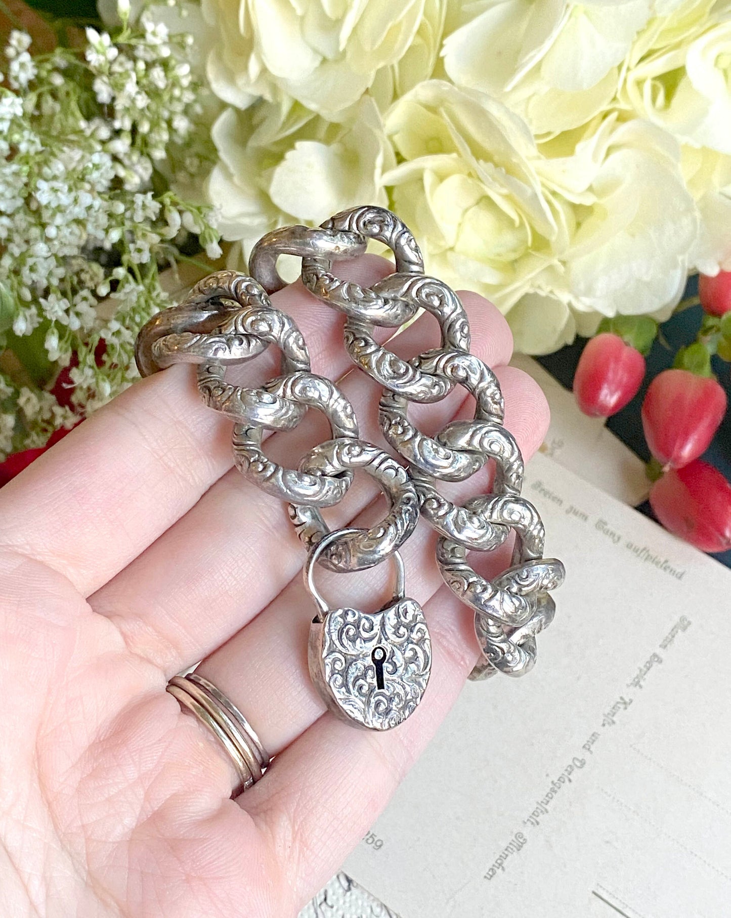 Victorian Repousse Puffy Link Chain Bracelet in Silver w Padlock heart