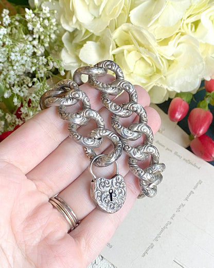 Victorian Repousse Puffy Link Chain Bracelet in Silver w Padlock heart