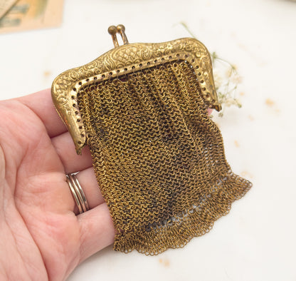 Cute Vintage Coin Purse Chainmail Purse with Ring Mesh Purse Gold Tone