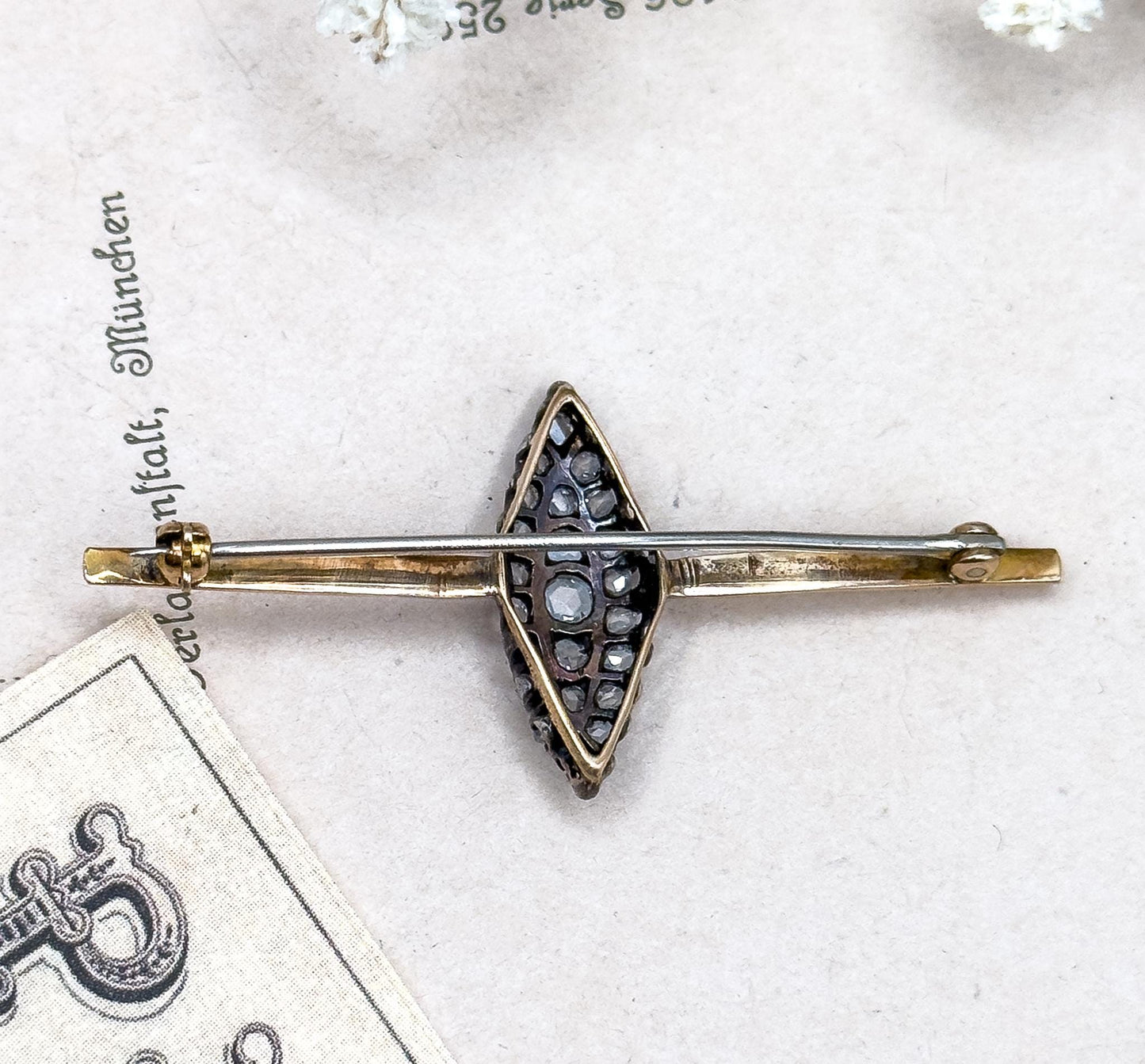 Victorian Rose Cut Diamond Navette Pin Conversion Cobblestone  Bar Pin