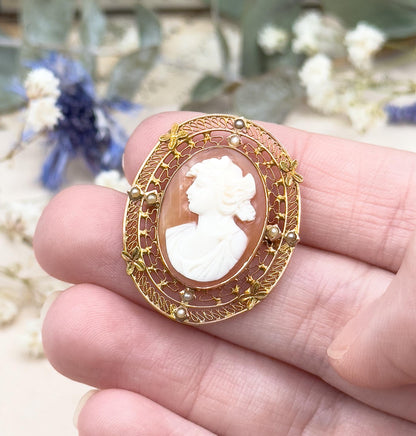 Antique Diana Cameo Brooch: 10K Gold Filigree, Seed Pearls