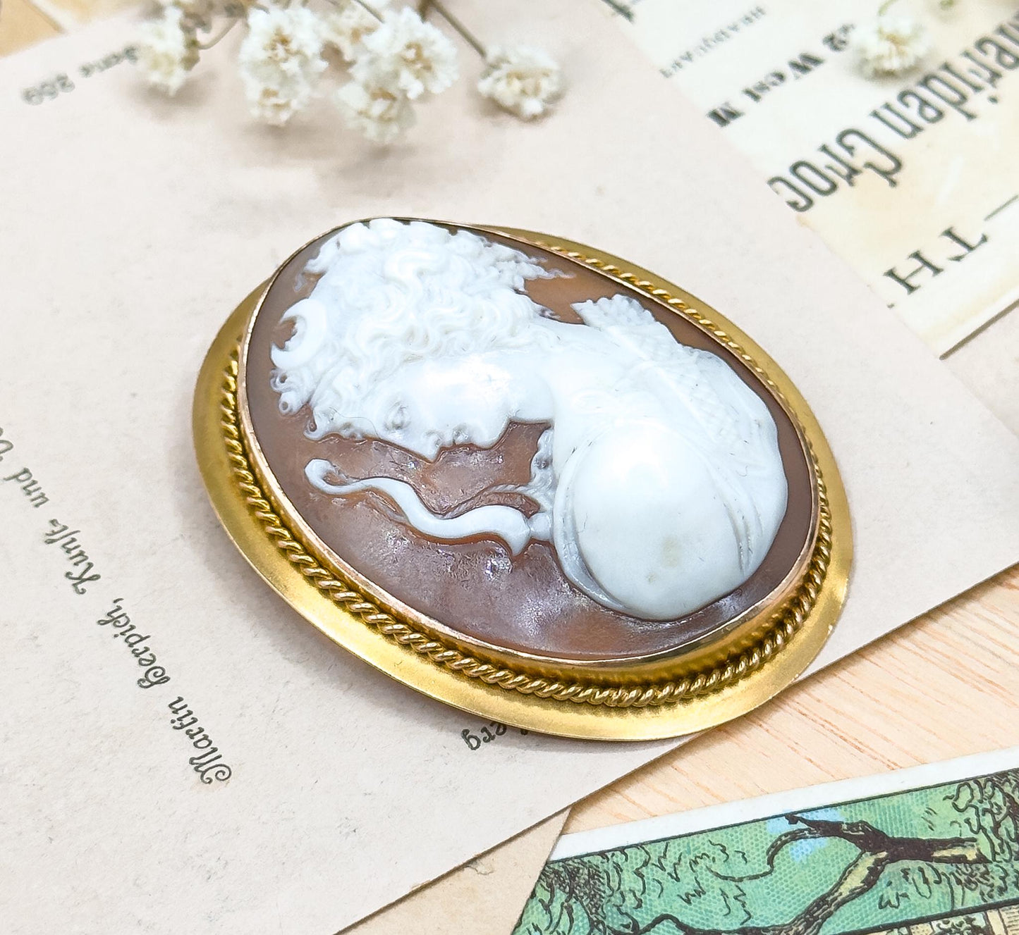 Exceptional Antique Carved Cameo of Artemis in High Relief Diana the Hunter in 14K Gold