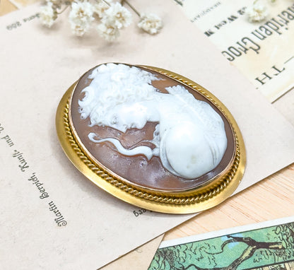 Exceptional Antique Carved Cameo of Artemis in High Relief Diana the Hunter in 14K Gold