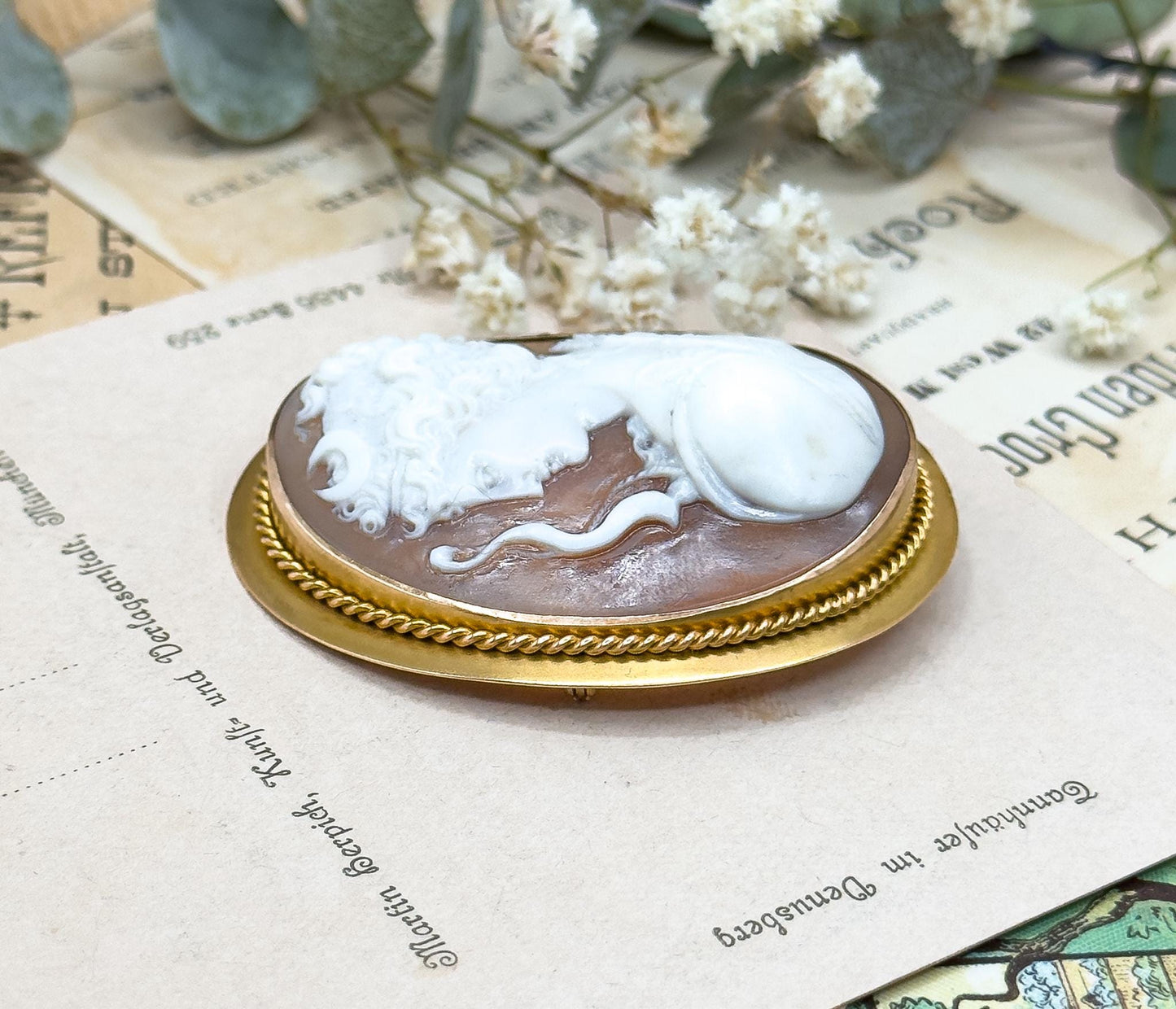 Exceptional Antique Carved Cameo of Artemis in High Relief Diana the Hunter in 14K Gold