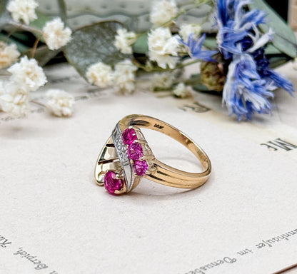 Retro Ruby Ring in 10K Yellow Gold and White Gold Two Tone Vintage 1940s Retro Era Jewelry Volute Ring synthetic Ruby Ring Pink Gemstone fun