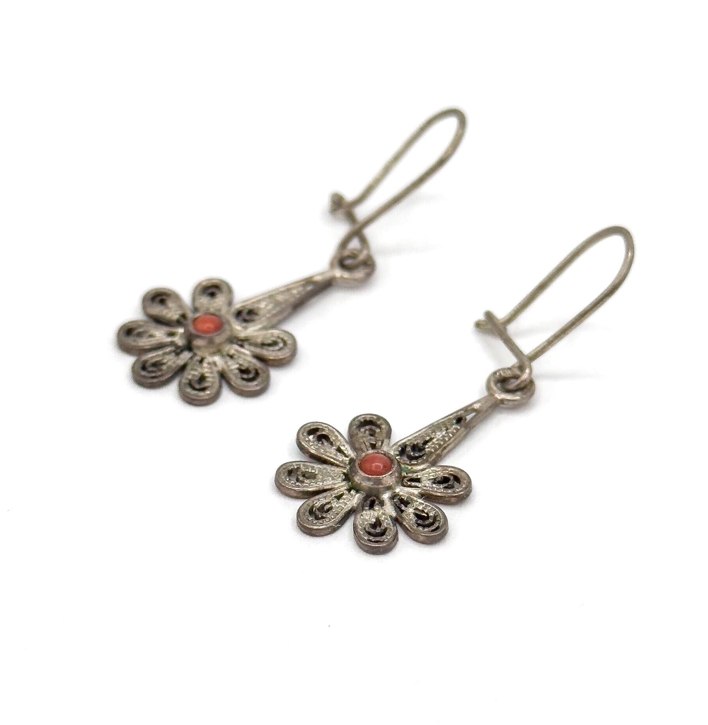 Vintage Flower Filigree Drop Earrings with Red Coral cabochon stamped 800 Silver