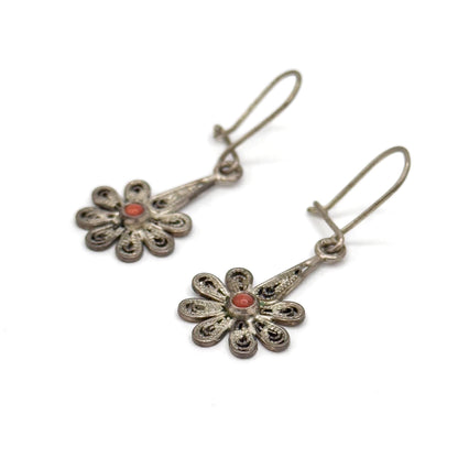 Vintage Flower Filigree Drop Earrings with Red Coral cabochon stamped 800 Silver