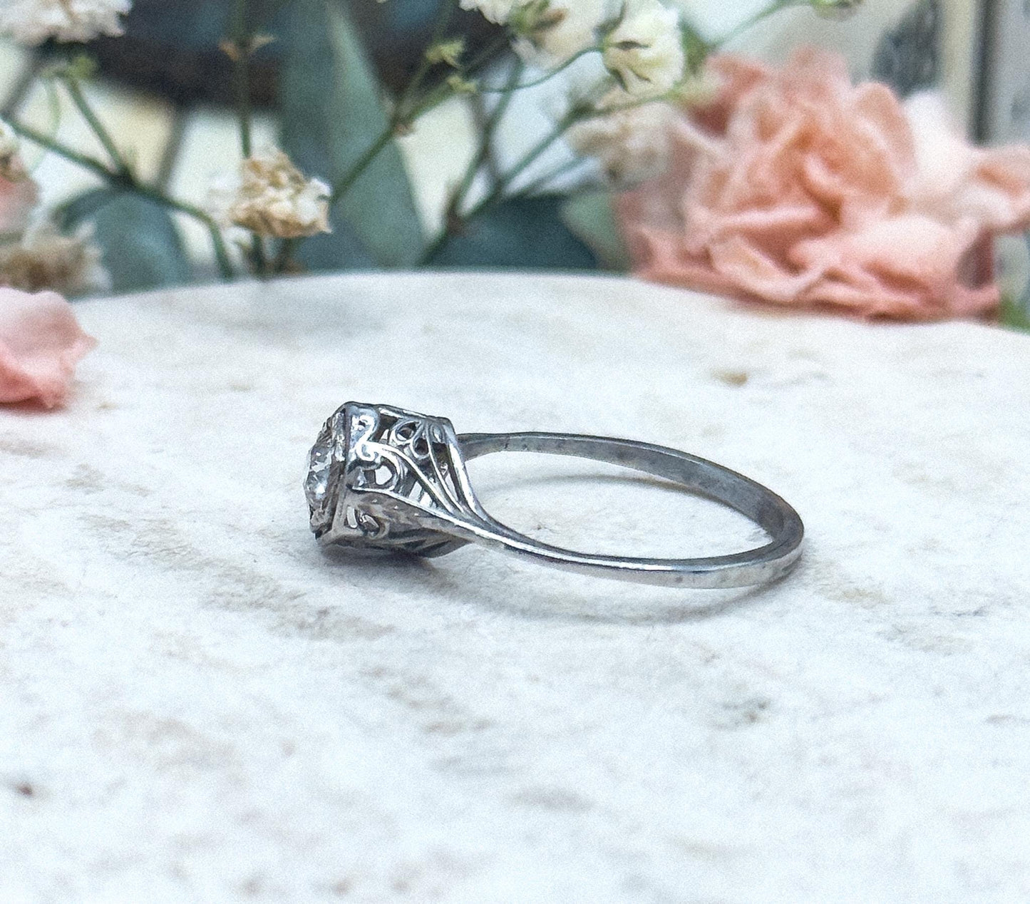 Antique Art Deco Filigree engagement ring in 14K / 10K White Gold Old European Cut