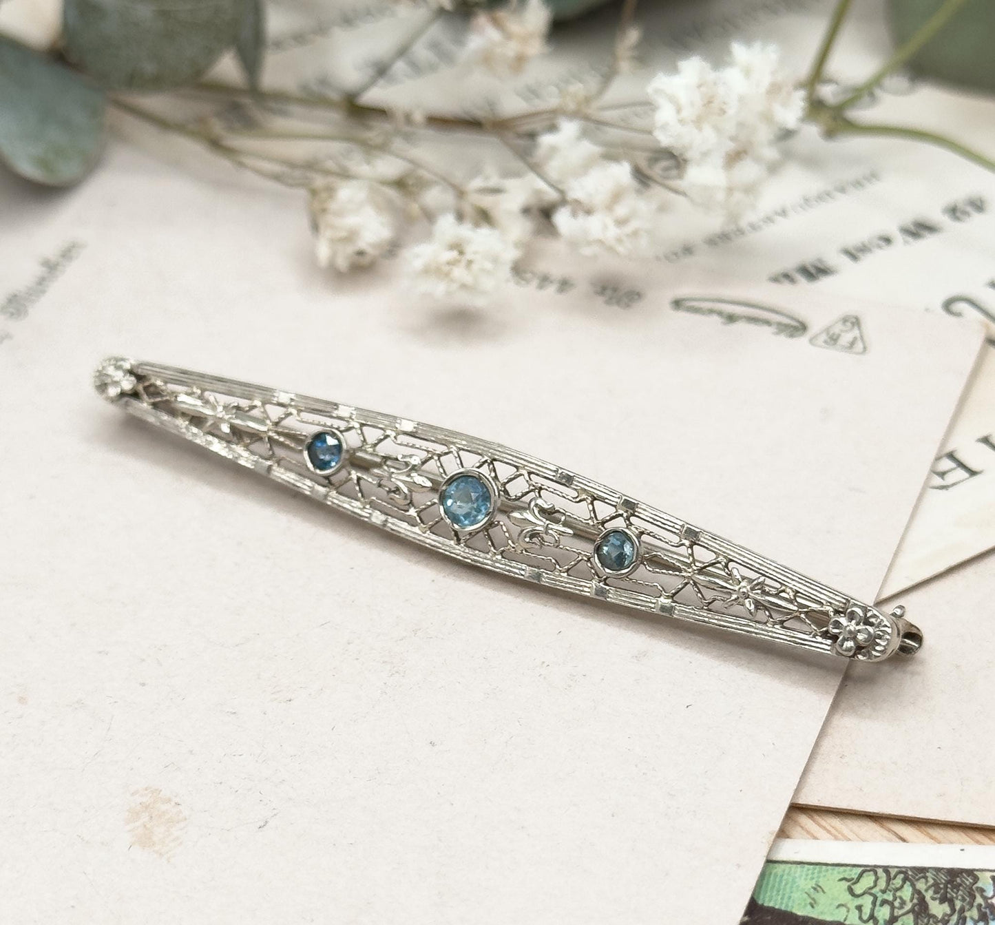 Art Deco Aquamarine Paste Brooch: 14K White Gold Filigree Pin