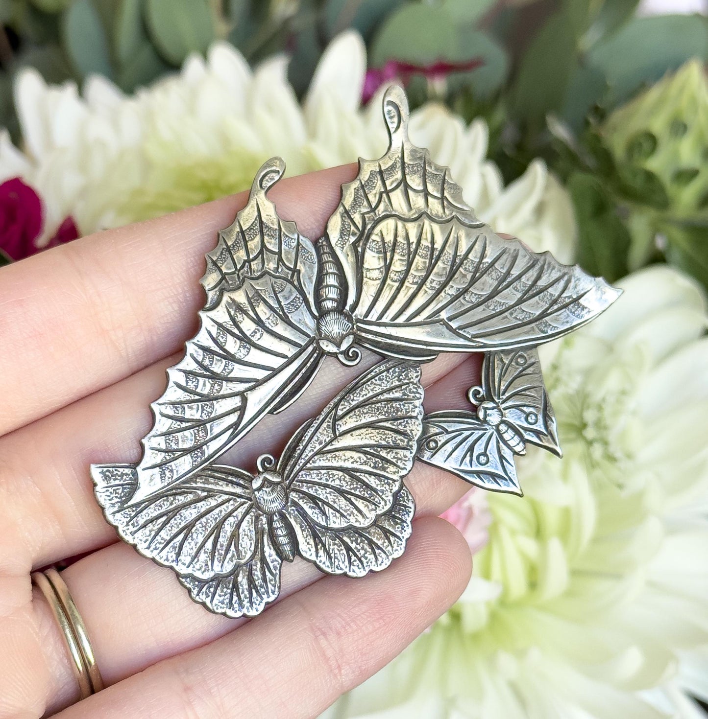 Large Vintage Butterfly Brooch in 950 Silver CPO Three Butterflies