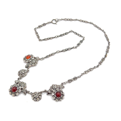 Antique Art Deco Carnelian & Marcasite Sterling Silver Floral Necklace