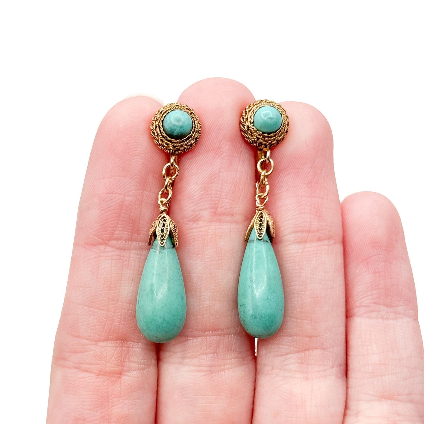 Antique Vermeil Silver Turquoise Stone Drop Earrings - Cannetille Filigree