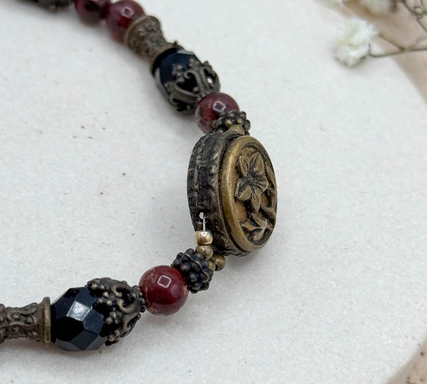 Antique Perfume Button Bracelet w Jasper beads and Victorian Button
