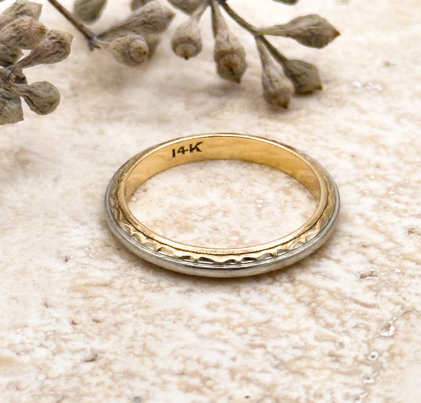 Vintage Midcentury Ring Two Tone Gold 14K Gold Engine Turned Vintage Ring