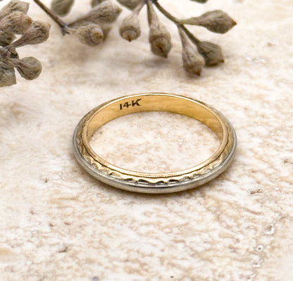 Vintage Midcentury Ring Two Tone Gold 14K Gold Engine Turned Vintage Ring