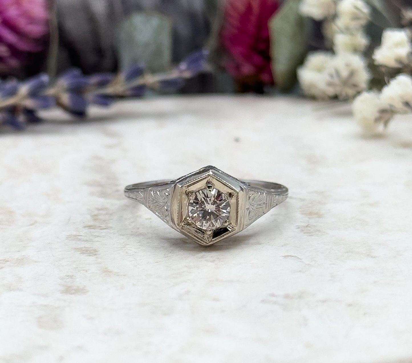 Art Deco Platinum Diamond Ring Filigree Hexagon Setting 1920s Engagement Ring Half Carat Round Brilliant Size 6.75 Vintage Bridal
