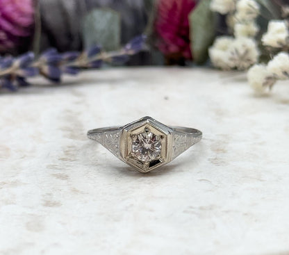 Art Deco Platinum Diamond Ring Filigree Hexagon Setting 1920s Engagement Ring Half Carat Round Brilliant Size 6.75 Vintage Bridal