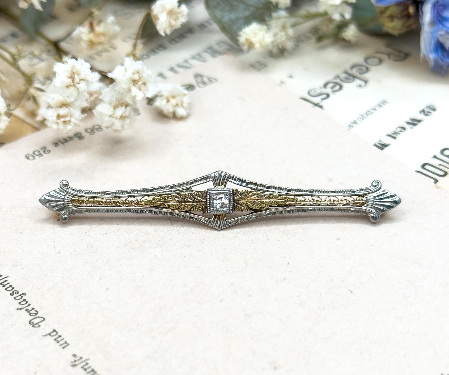 Antique Filigree Bar Pin in 10K Two Tone Yellow Gold  White Gold Floral Leaf design
