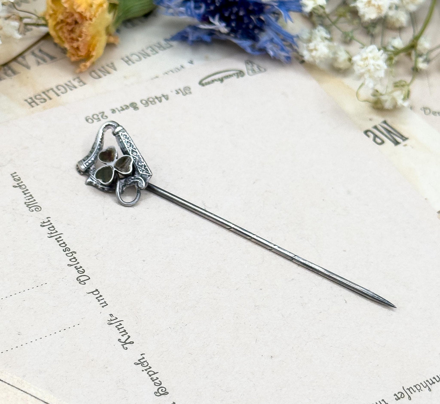 Antique Connemara Shamrock Stick Pin harp Stickpin