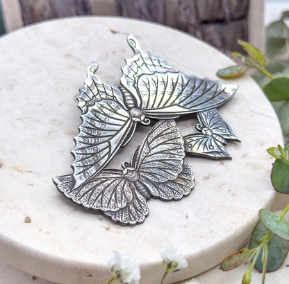 Large Vintage Butterfly Brooch in 950 Silver CPO Three Butterflies