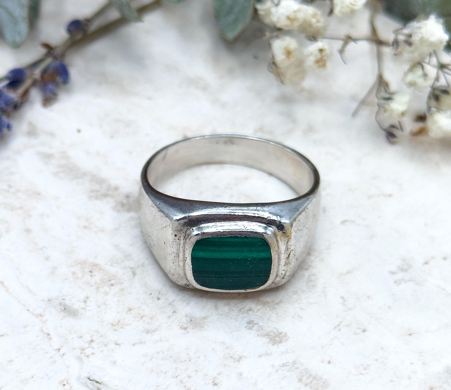 Vintage Mens Malachite Sterling Silver Signet Ring Large