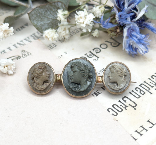 Antique Lava Cameo Brooch with Three Cameos Bezel Set Bar Brooch Grand Tour Souvenir