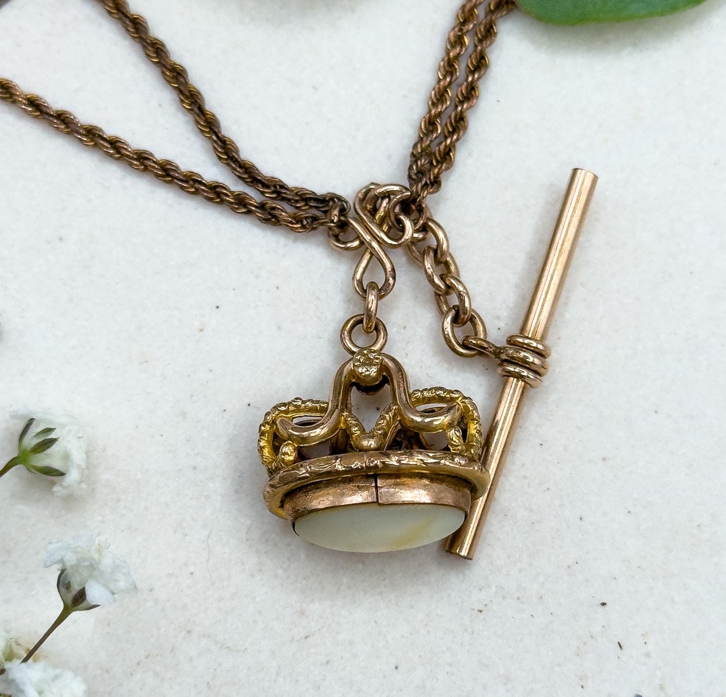 Antique Watch Fob Pendant with T-Bar on Chain Necklace