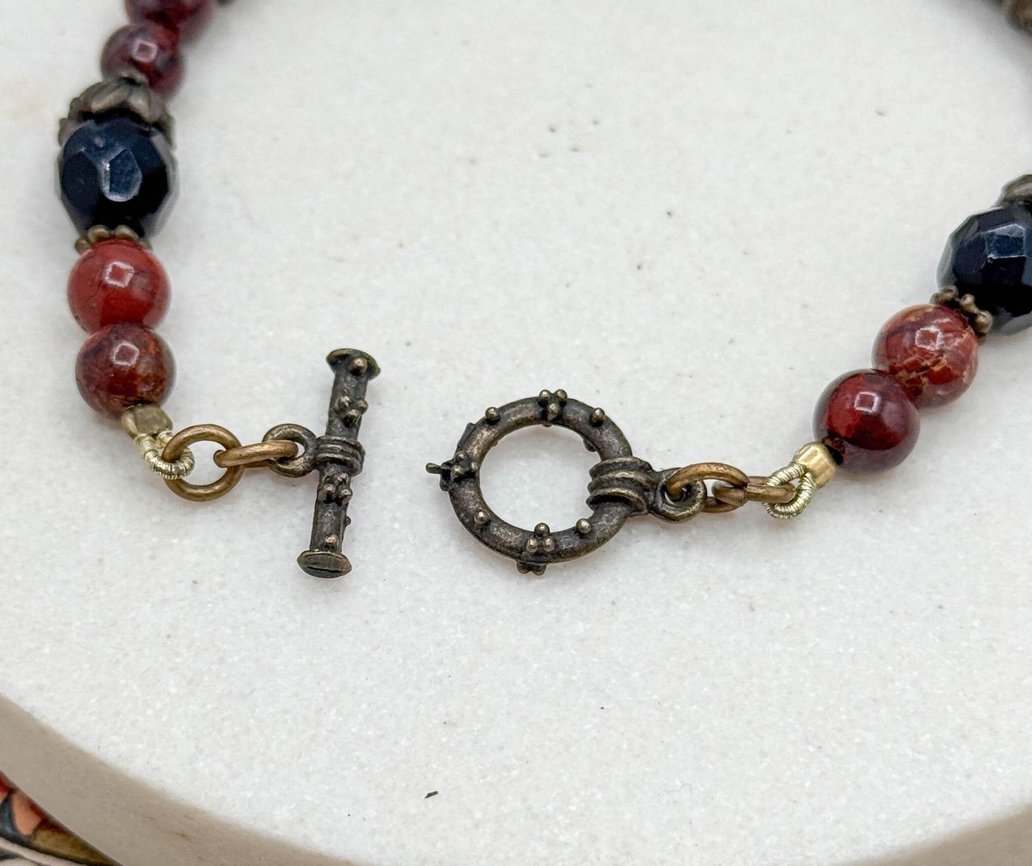 Antique Perfume Button Bracelet w Jasper beads and Victorian Button