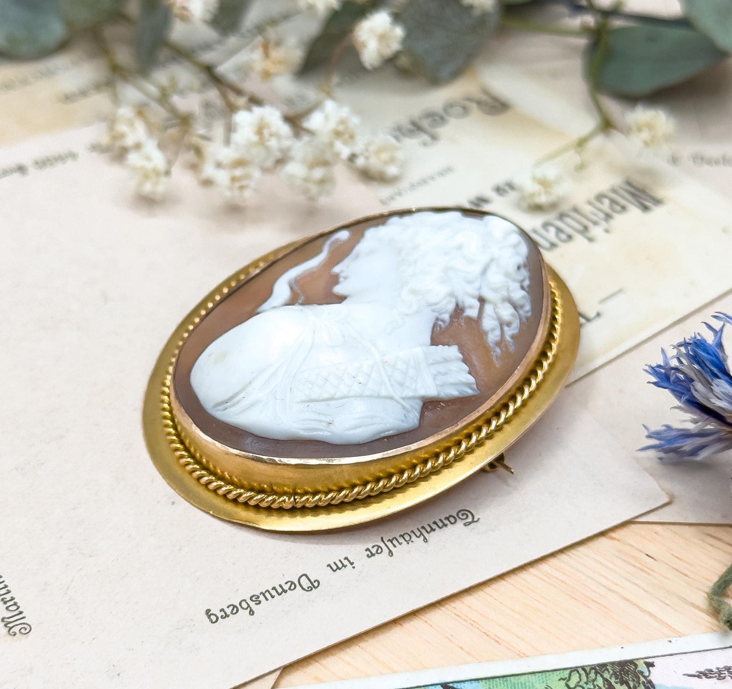 Exceptional Antique Carved Cameo of Artemis in High Relief Diana the Hunter in 14K Gold